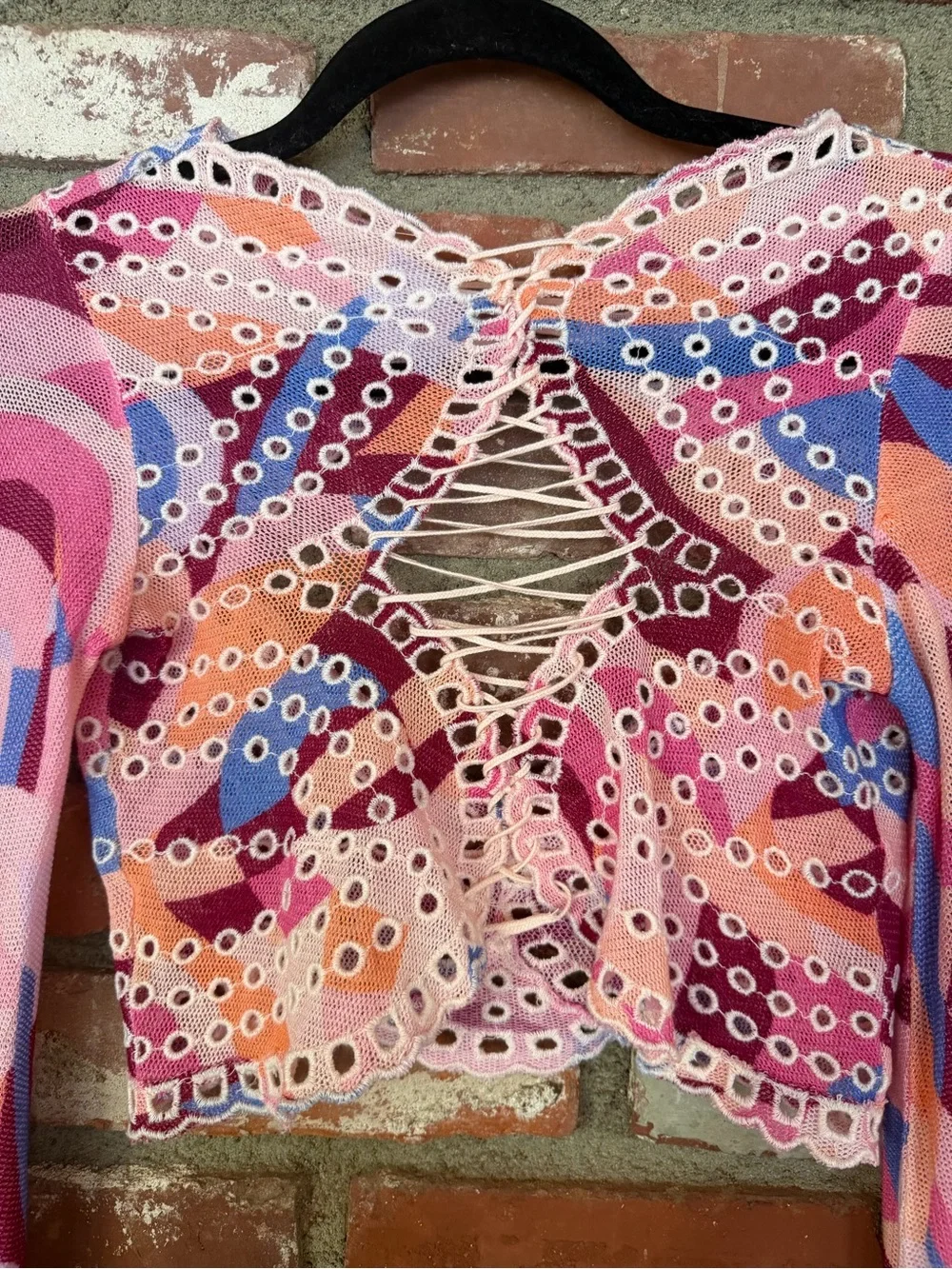 Free People Pink Multi-Color Crochet Lace-Up Crop Top